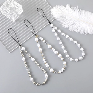 Handmade Beaded Phone Lanyard Imitation Artificial Pearl Crystal Bead Phone Charm Strap Anti-Loss Wrist Charm For Women Mobile Case Accessory