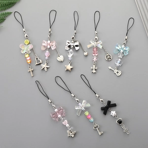 Sweet Cool Bowknot Heart Star Phone Charm Alloy Acrylic Beaded Keychain Bag Pendant For Women Girls Daily Decoration