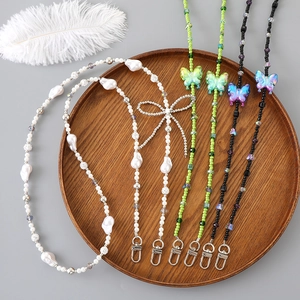 Acrylic Bow Beaded Phone Lanyard Crossbody Bag Chain For Women Korean Fashion Butterfly Artificial Pearl Phone Strap Accessory
