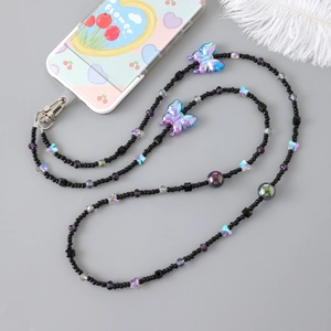 Acrylic beaded phone lanyard with iridescent butterfly charms and durable lobster clasp