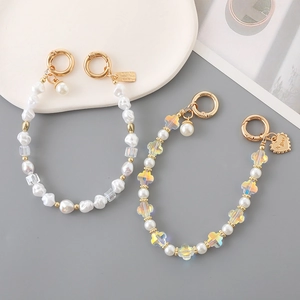 Baroque Imitation Artificial Pearl Beaded Chain Phone Lanyard Bag Charm Crystal Flower Heart Pendant Hand-beaded Jewelry For Women