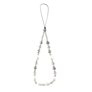 Elegant beaded mobile phone strap with white pearls and iridescent glass heart charms