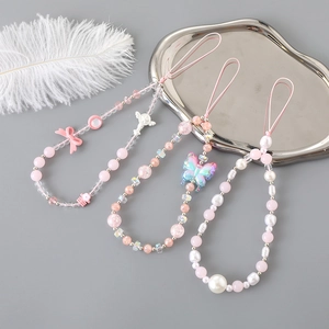 Sweet Pink Bow Beaded Phone Charm Lanyard For Women Handmade Resin Star Butterfly Imitation Artificial Pearl Phone Strap Accessory