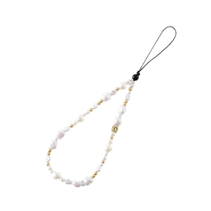 Chic handmade pearl phone charm with gold metal beads and C-letter bead on white background