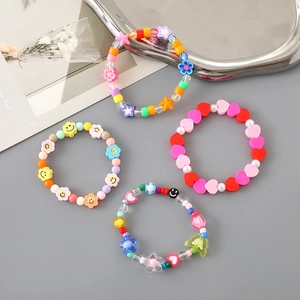 Handmade colorful clay flower bead bracelets set with heart and star charms for women
