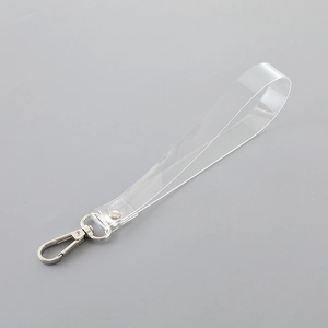 Detailed view of clear TPU phone strap featuring polished silver metal lobster clasp and rivets
