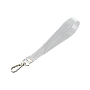 Transparent TPU mobile phone lanyard with silver metal clasp and buckle on white background