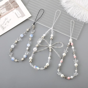Sweet Beaded Phone Chain Artificial Pearl Bowknot Star Phone Lanyard Anti-Lost Wrist Strap Acrylic Charm For Women Phone Accessories