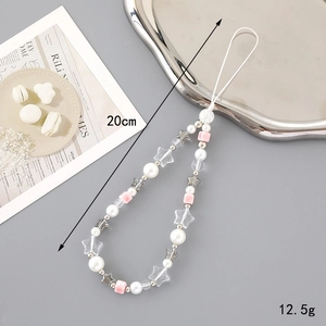 Handmade beaded phone strap with pearls and pink bow, 20cm length, ins style accessory