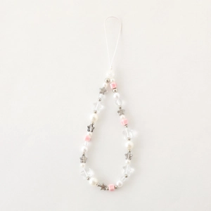 Close-up of handmade beaded phone strap featuring pearl, stars, and pink cube beads