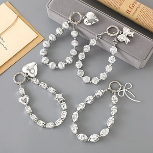 Silver Plated Beaded Bag Charm Phone Lanyard Heart Bow Rose Star Pendant Alloy Hanging Ornament For Women Fashion Accessory