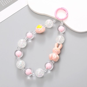Pink rabbit and heart beaded keychain with crackle texture beads and spring buckle