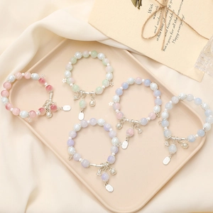 Elegant Moonstone Effect Glass Beaded Bracelet For Women Sweet Pastel Beaded Hand Chain With Lucky Charms Star Bell Butterfly Jewelry Gift