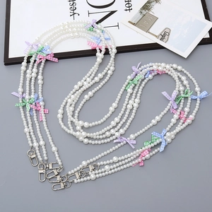 Sweet Faux Artificial Pearl Beaded Phone Lanyard With Fabric Bows Decorative Crossbody Mobile Phone Chain Bag Charm Strap For Women