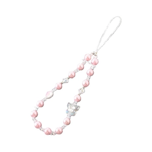 Dragonne de téléphone en perles roses avec pendentif papillon transparent