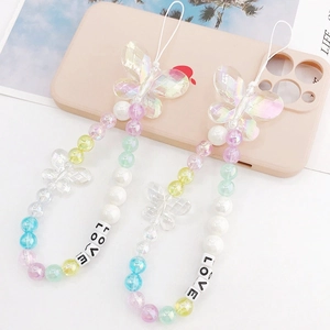 Colorful butterfly beaded phone strap with LOVE letters on a pink phone case