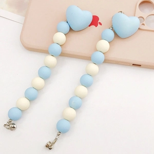 Acrylic heart beaded phone strap in matte sky blue and cream colors with silver hook