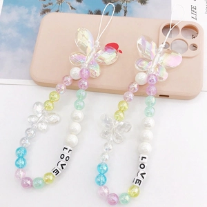 Handmade colorful butterfly beaded phone charm with LOVE letter beads and white pearls