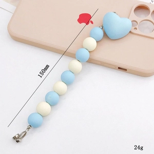 Blue and beige matte acrylic heart beaded phone strap with metal clasp, 150mm length