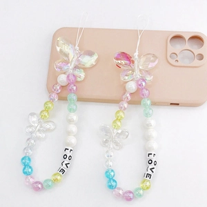 Colorful Butterfly Beaded Phone Strap With Love Letters Heart Artificial Pearl Anti-Drop Wrist Lanyard For Women Jewelry Gift