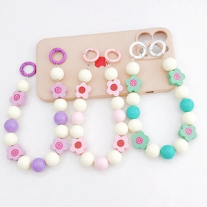 Dragonne de téléphone en perles acryliques avec fleurs colorées et fermoirs métalliques