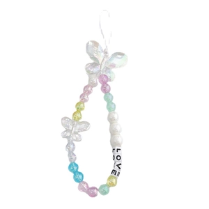 Colorful butterfly beaded phone charm with LOVE letters and macaron beads on white background