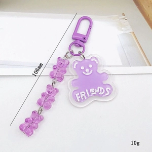 Porte-clés ours violet en acrylique avec oursons 3D et pendentif 'FRIENDS' élégant