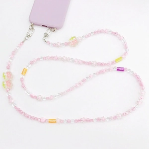 Pink tulip beaded phone strap with acrylic star flower charms and metal lobster clasp