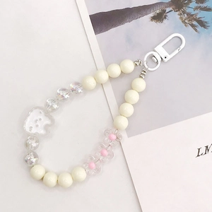 Acrylic bunny pendant beaded phone charm with iridescent pearls and white bear detail