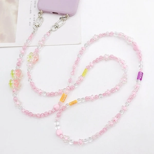 Tulip Flower Beaded Crossbody Phone Lanyard Pink Acrylic Heart Letter Bead Mobile Phone Chain Strap With Metal Clasps