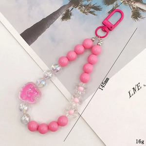 Pink acrylic bead rabbit keychain with floral charms and cute resin bear pendant