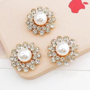 Three pearl flower charms with gold base and clear crystals for DIY accessories