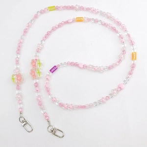 Pink tulip beaded crossbody phone lanyard with acrylic flowers and silver lobster clasps
