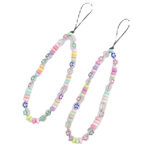 Macaron color beaded phone strap with acrylic smiley face beads on a white background