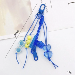 Blue zipper keychain with heart pendant and yellow smiley face bead for bags