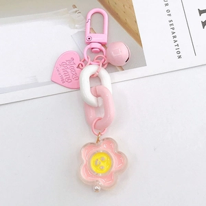 Porte-clés cœur rose avec chaîne acrylique, clochette et fleur smiley pour sac à main