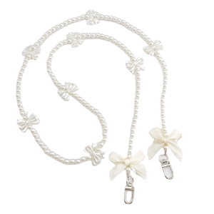 Elegant white pearl crossbody chain with satin bows and silver metal lobster clasps