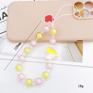 Dragonne de téléphone en perles roses et jaunes avec cœur et longueur de 120 mm