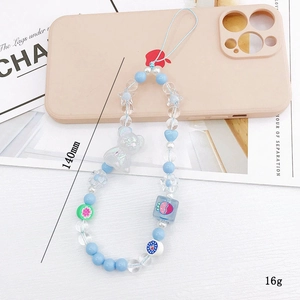 Bijou de téléphone en perles bleues et blanches avec ours et cœurs, 140 mm de long