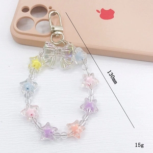 Colorful beaded phone strap with macaron stars and bow charm, 130mm candy style chain