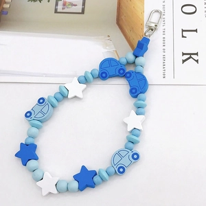 Blue and white handmade car-themed beaded charm with silver metal lobster clasp