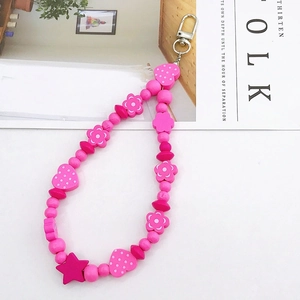 Pink beaded charm strap with heart and flower wood beads for phone or bag accessories