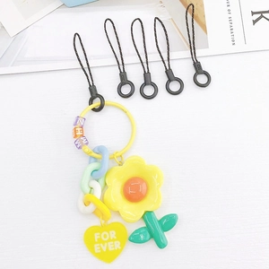 Colorful floral phone charm with heart pendant, plastic chain and black nylon lanyards