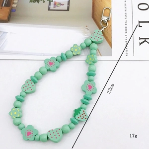 Mint green handmade wooden fruit heart beaded phone strap with silver lobster clasp 22cm