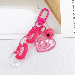 Porte-clés cœur rose avec maillons en acrylique et clochette pour sacs et clés