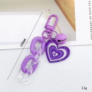 Porte-clés cœur violet avec chaîne en acrylique et clochette pour sacs à main