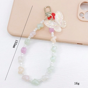 Beaded heart phone charm with colorful butterfly pendant and macaron frost beads