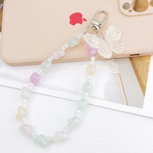 Pastel heart beaded phone strap with iridescent butterfly charm and silver clasp