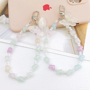 Sweet macaron heart beaded phone charms with translucent iridescent butterfly pendants
