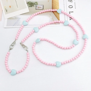 Pastel pink and blue acrylic heart beaded chain with dual metal lobster clasps for bags